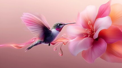 Hummingbird feeding on flower, pink background, nature scene, ideal for cosmetics