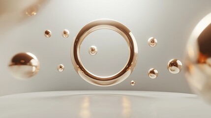 Poster - Golden ring and spheres floating in a white studio.