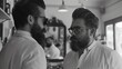 © Galib - Two bearded men in white shirts and glasses looking at each other in a barbershop.