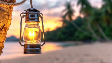 Wall Mural - Lantern lighting the beach during Ramadan dusk with a beautiful sunset in the background