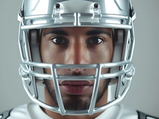 Man wearing a football helmet with a serious expression on his face