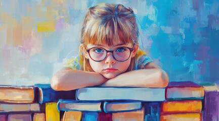 Wall Mural - Cute little girl with glasses , leaning on books against bright background. 