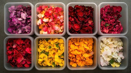 Poster - A colorful mix of red, orange, yellow, and pink flowers, carefully packed in plastic boxes for storage and sale in flower shops.
