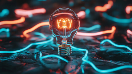 Fototapete - Illuminated light bulb with neon glows creative studio digital art futuristic atmosphere close-up perspective