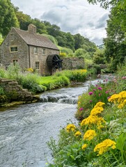 Poster - Beautiful countryside with a quaint mill near a gently flowing stream and colorful wildflowers in the foreground. Generative AI