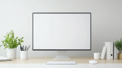minimalist home office workspace with modern computer monitor, plants, and stationery on a wooden de