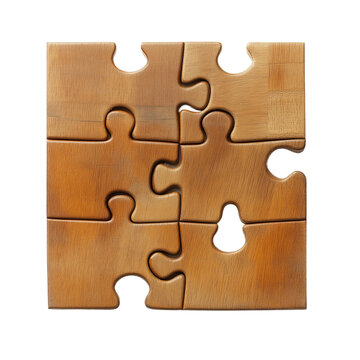 Close-up of interconnected wooden puzzle pieces transparent background isolated png