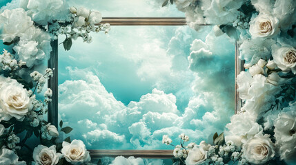 Wall Mural - elegant decorative frame surrounded by clouds and white roses