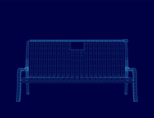 Poster - Blue bench shown in a blue background. The bench is shown in a 3D format, giving it a futuristic appearance. The bench is empty, with no one sitting on it