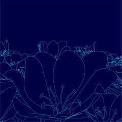 Poster - Blue flower field with a blue sky in the background. The flowers are in various sizes and are spread out across the image