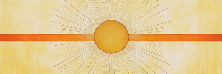 Poster - Vibrant sun illustration with radiant beams and a striking orange stripe across the center on a warm yellow background. Generative AI
