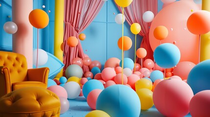 Wall Mural - a surreal and whimsical 3d rendering of a room filled with colorful balloons.