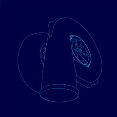 Poster - Blue drawing of a car turbo engine with a blue background. The engine is a turbo