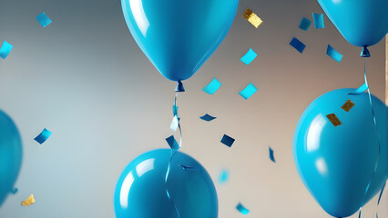 Colorful blue balloons drift among shimmering confetti at a joyful celebration