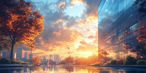 Wall Mural - Autumn sunset city; modern building; reflective water