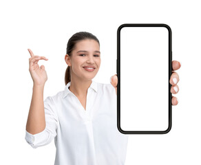 Poster - Smiling woman holding a smartphone with a blank screen in one hand