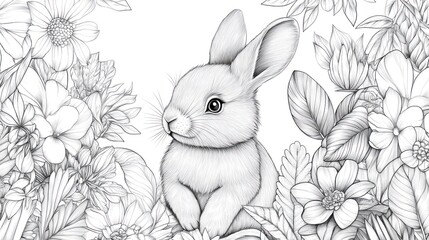 Wall Mural - A detailed line drawing of a rabbit surrounded by various flowers and leaves for coloring book