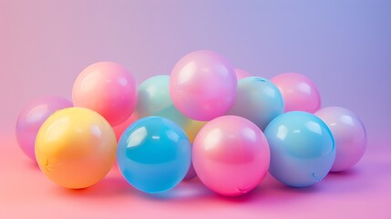 Wall Mural - 3D rendering of a colorful bunch of pastel-colored balloons on a pink background.