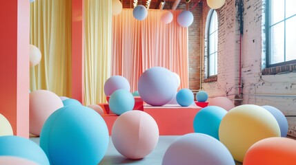 Wall Mural - colorful balloons of various sizes fill a large room with brick walls and large windows.