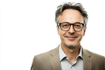 Confident businessman smiling in professional attire with glasses