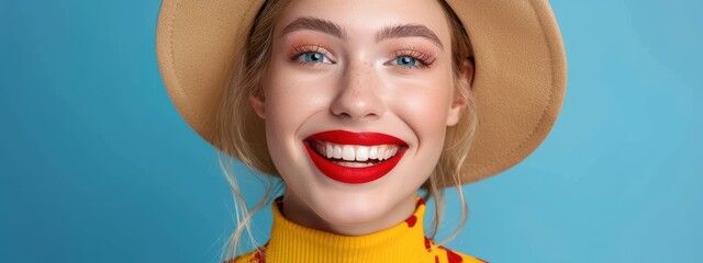 Wall Mural - Woman with red lipstick and a yellow hat is smiling