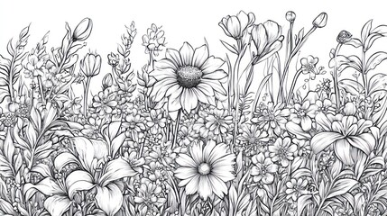 Wall Mural - Detailed botanical line art illustration of flowers and plants for coloring book page