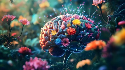 Poster - a vibrant, colorful brain with neural connections being formed like a garden blooming with flowers, 