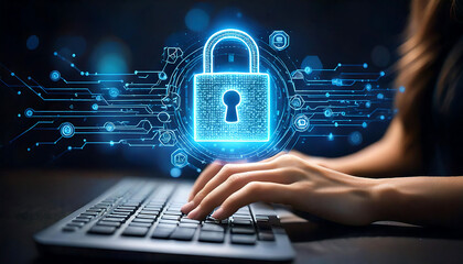 Poster - Cybersecurity concept:  Woman's hands typing on a keyboard with a glowing digital padlock and circuit board design above. Perfect for illustrating online security, data protection, or digital privacy.