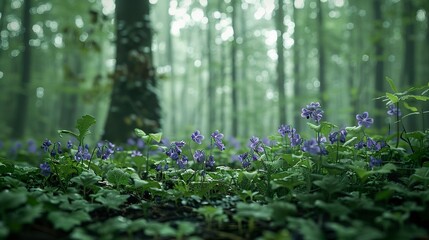 A photo of a patch of violets in the forest.
