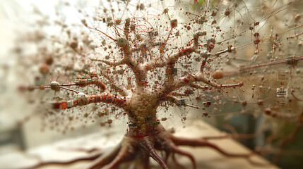 Poster - intricate digital artwork depicting a futuristic tree, its branches intricately woven with circuitry