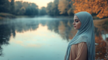 Poster - Woman in Hijab Contemplates by Serene Autumn Lake