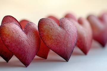 Canvas Print - A row of red hearts sitting on a table, perfect for Valentine's Day or romantic occasions