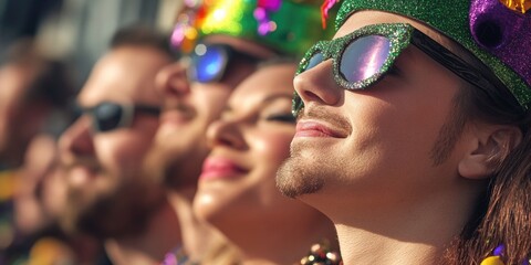 Wall Mural - A group of people wearing Mardi Gras hats and sunglasses, celebrating with festive attire