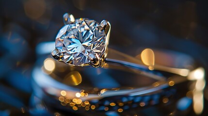 Wall Mural - Close-up of a beautiful diamond ring with a round cut diamond on a white gold band. The ring is set against a black background with a sparkling bokeh.