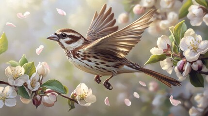 Canvas Print - A Sparrow in Flight Amidst Spring Blossoms