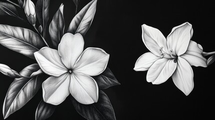 Wall Mural - Elegant white flowers and dark leaves are digitally illustrated on a dark background