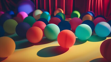 Canvas Print - Colorful balls of various sizes lie on a reflective surface. The balls are lit by a spotlight, which creates a dramatic effect.