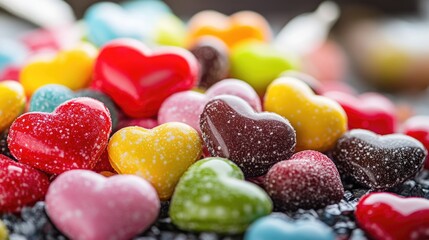 Wall Mural - A close-up shot of colorful candy hearts piled high