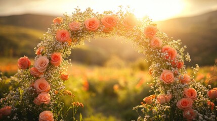 Wall Mural - Peach Roses and Baby Breath Arch at Sunset