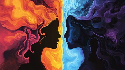 Poster - a split image showing one side in vibrant colors representing joy and energy (bipolar disorder during mania) and the other side in muted tones depicting sadness and despair (major depressive disorder)