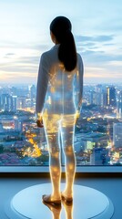 Aufkleber - Woman in Digital Overlay Futuristic Cityscape Back View Innovation Technology