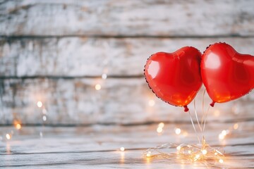 Wall Mural - Two red heart-shaped balloons tied together on a string, perfect for romantic occasions or celebrations