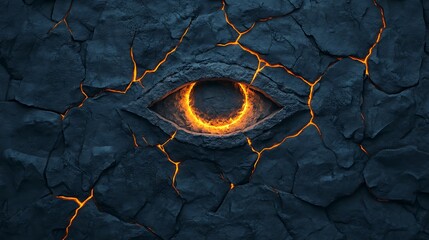 Poster - Fiery Eye Embedded in Cracked Volcanic Rock Glowing Lava Texture Background