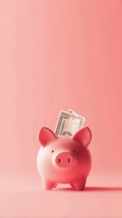 Poster - Pink piggy bank with one dollar bill inserted in the slot, symbolizing saving, investment, and financial planning on a vibrant pink backdrop
