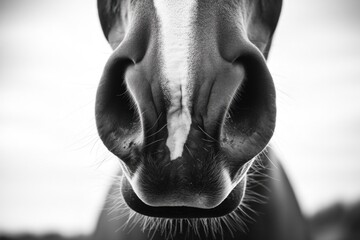 A close-up view of a horse's nose in black and white