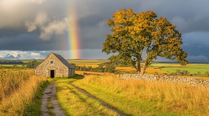 Wall Mural - Stone Barn Autumn Tree Rainbow Rural Landscape