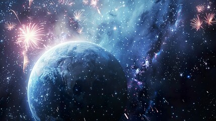 Wall Mural - A photo of fireworks exploding around a planet.