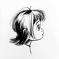 Wall Mural - Charming hand-drawn illustration of a curious young girl with short hair and expressive eyes in profile view on a plain background