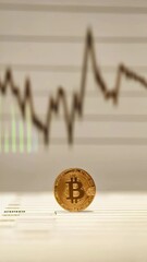 Poster - Golden bitcoin resting on a financial chart displaying a declining trend, illustrating the inherent volatility and risks associated with investing in cryptocurrency markets