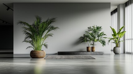 Poster - Asymmetrical indoor plant arrangement modern space interior design minimalist environment wide angle view serenity concept